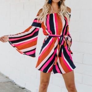 Vici Dolls Pocketed Off the Shoulder Striped Dress